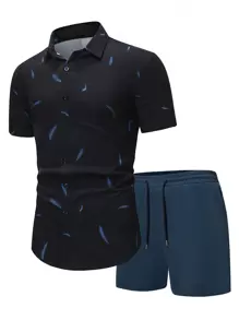 Manfinity Men Feather Print Shirt & Drawstring Waist Shorts - Multicolor - View 3