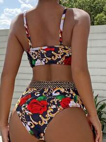 Swim Lushoire Swim Suits For Women Summer Beach Floral Print Chain Linked Push Up Bikini Set - Multicolor - View 3