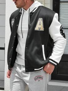 Manfinity Homme Men Plus Letter Graphic Striped Trim Varsity Jacket Without Hoodie - Black and White - View 1