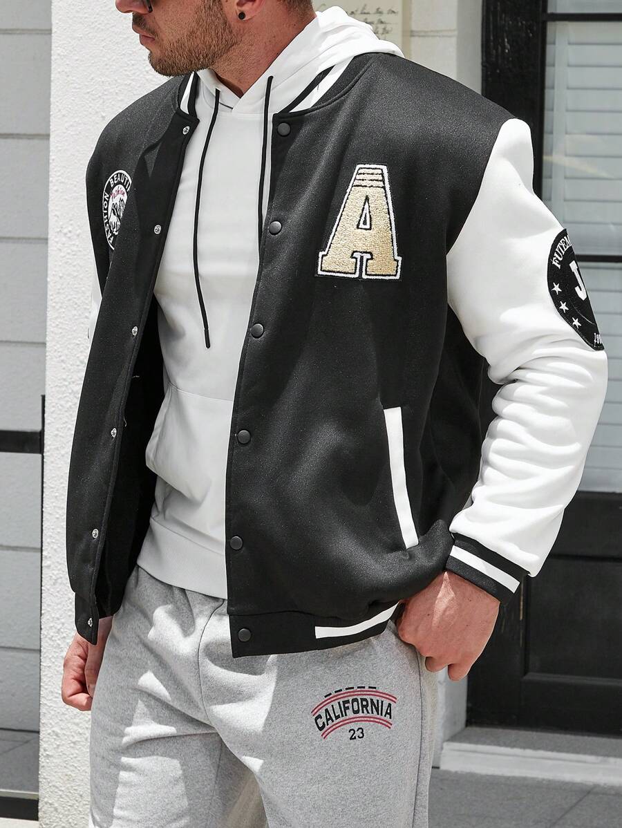 Manfinity Homme Men Plus Letter Graphic Striped Trim Varsity Jacket Without Hoodie - Black and White - View 1