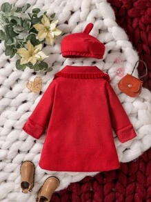 Baby Girl Statement Collar Bow Front Coat & Hat - Red - View 2
