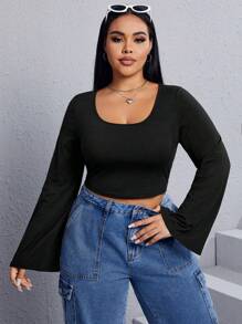 SHEIN EZwear Plus Solid Scoop Neck Tee - Black - View 4