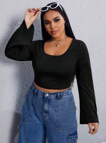 SHEIN EZwear Plus Solid Scoop Neck Tee - Black - View 6