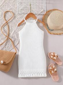 SHEIN Młoda dziewczyna Obszycie z frędzlami Trykotowa sukienka