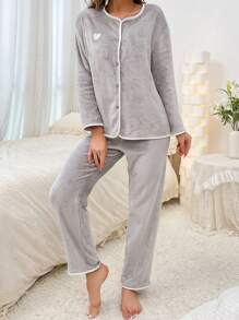 撞色包边纽扣前开襟法兰绒上衣和裤子家居服套装，舒适保暖，秋冬服装，蓬松睡衣