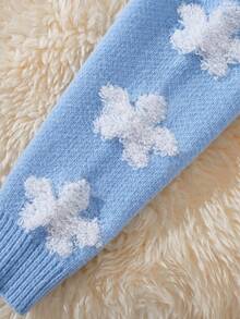 SHEIN Cô Gái Trẻ Mô hình hoa Nút phía trước Áo len Mở - Màu xanh lam - Xem 4