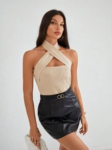 SHEIN Privé Crisscross Halter Knit Top - Khaki - View 6