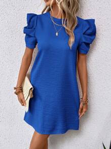 SHEIN Clasi Solid Puff Sleeve Dress,Business Casual Woman