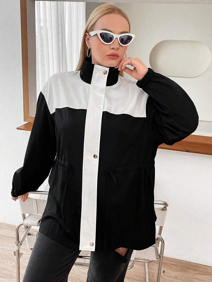 Flirla 大碼雙色落肩袖外套 - 黑與白 - 查看 1