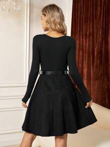 SHEIN Clasi Square Neck A-line Dress Without Belt - Black - View 2