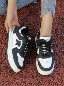 Nuevos tenis de mujer 2023 con estampado de estrellas en blanco y negro, suela gruesa, de estilo coreano y alta atracción para deportes y ocio - Negro - Ver 2