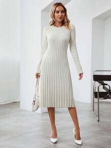 SHEIN LUNE Solid Ribbed Knit Sweater Dress - White - View 1