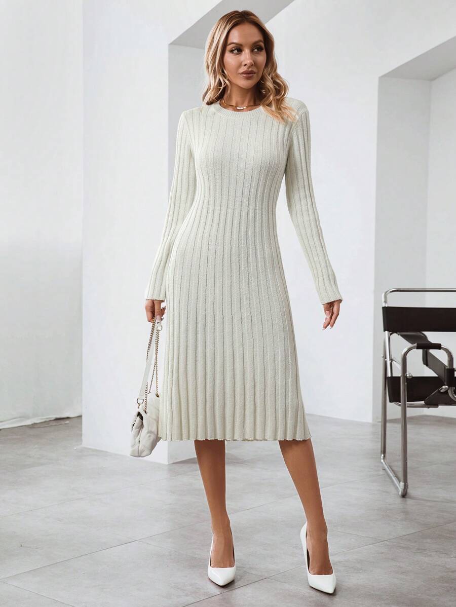 SHEIN LUNE Solid Ribbed Knit Sweater Dress - White - View 1