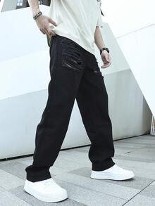 Manfinity EMRG 男士破洞直筒牛仔褲 - 黑色 - 查看 5