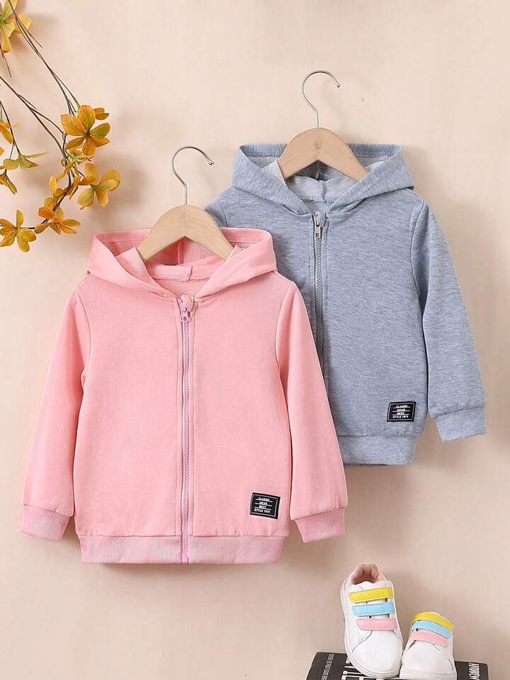 Young Girl 2pcs Letter Patched Detail Zip Up Hoodie | SHEIN USA