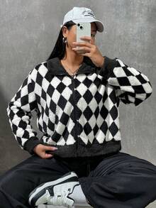 SHEIN Coolane 大碼菱形印花拼接領毛絨夾克 - 黑與白 - 查看 3