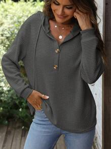 SHEIN LUNE 半排扣落肩袖抽繩連帽衫 - 深灰色 - 查看 1