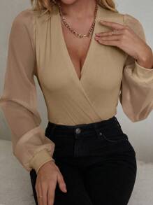 EMERY ROSE Surplice Neck Lantern Sleeve Bodysuit Fall Cloth For Women