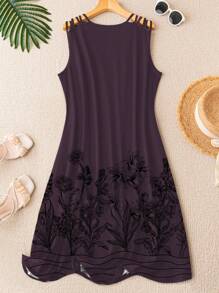 SHEIN LUNE 大碼印花肩部挖空洋裝 - 淺灰紫 - 查看 2