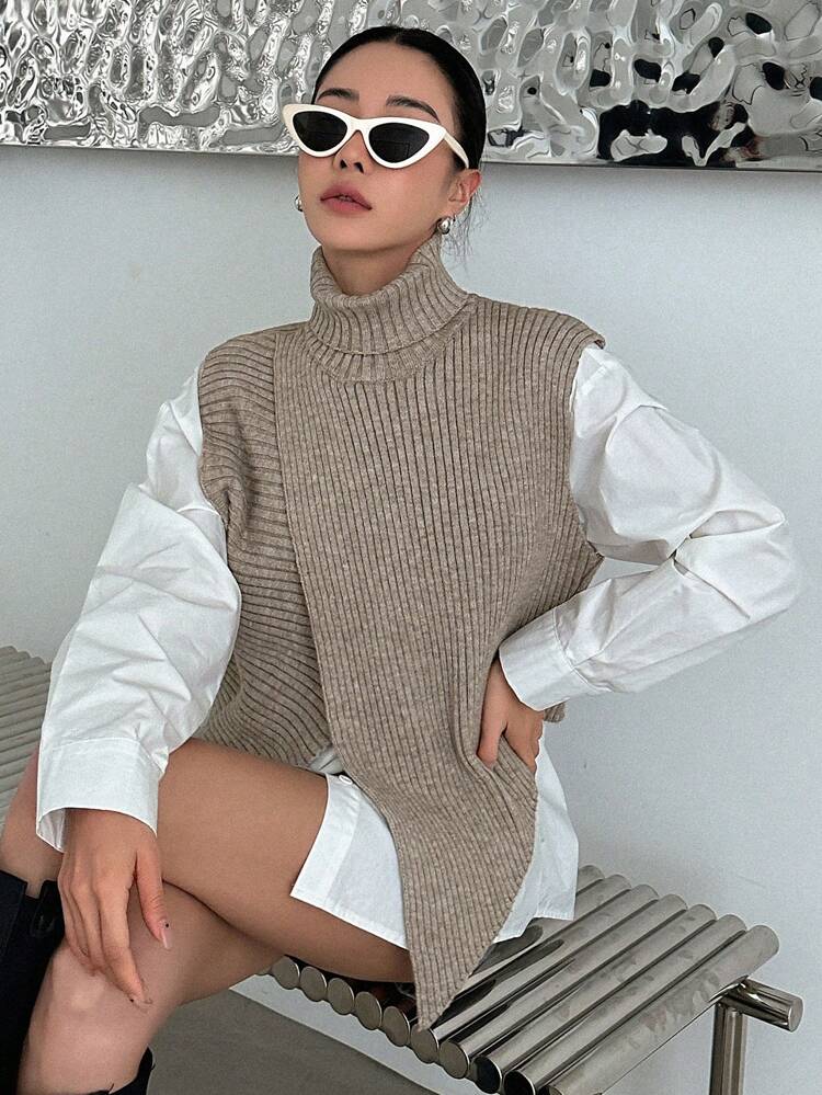 1pc Turtleneck Wrap Cross Sweater Vest,Fall Clothes