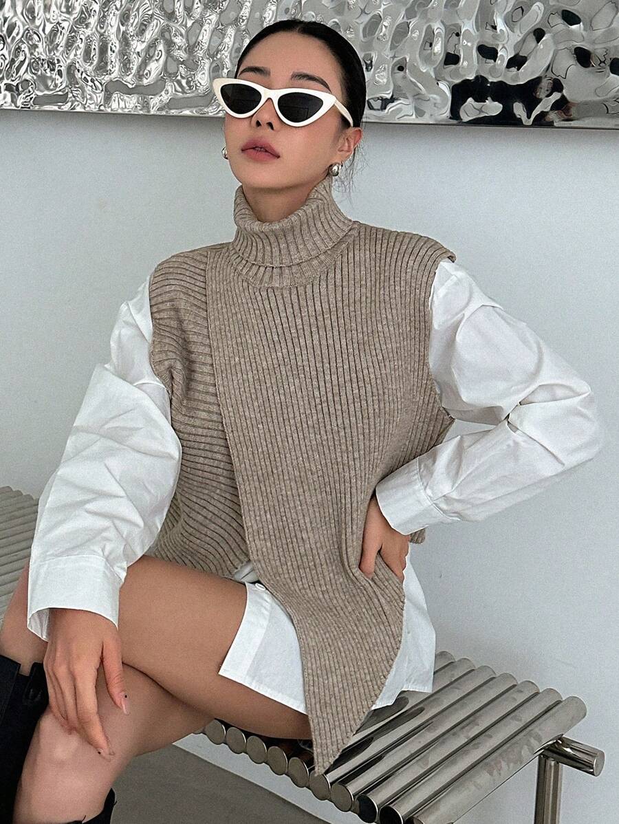 DAZY 1pc Turtleneck Wrap Cross Sweater Vest,Fall Clothes - Khaki - View 1