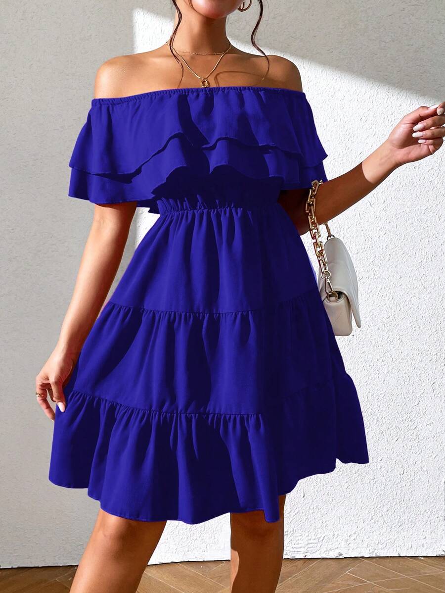 Chiquease 休閒荷葉邊 揉皺 多層分層純色女士連衣裙 - 寶藍色 - 查看 1