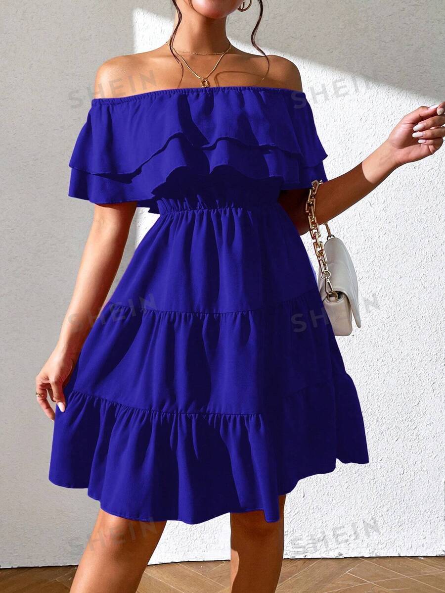 EMERY ROSE Vestido de hombros descubiertos bajo con fruncido - azul real - Ver 1