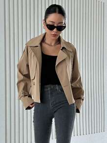 DAZY 插肩袖扣带风衣，秋季服装女式夹克 - 駝色 - 查看 4