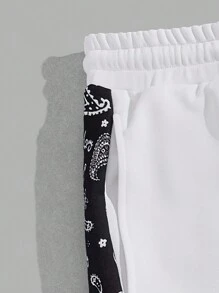 Manfinity RebelGame 男士佩斯利印花拼接側邊接縫腰部抽繩衛褲 - 白色 - 查看 3