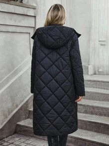 SHEIN LUNE 带盖口袋连帽绗缝加厚外套 冬季服装 - 黑色 - 查看 2