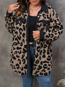 SHEIN LUNE Plus Leopard Print Drop Shoulder Teddy Coat - Multicolor - View 5