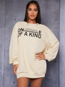 SHEIN PETITE 標語圖案落肩袖超大衛衣洋裝 - 米色 - 查看 5