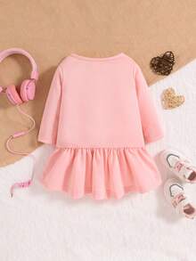 Bebé niña Vestido con estampado de bolso bajo con fruncido - Rosa - Ver 2