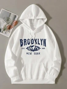 SHEIN EZwear Hoodie Đồ họa núi và chữ Dây rút Lót nhiệt - trắng - Xem 1