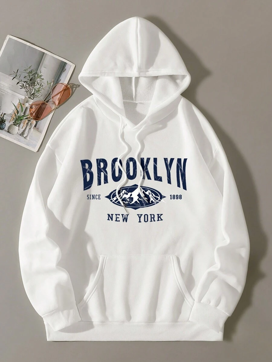 SHEIN EZwear Hoodie Đồ họa núi và chữ Dây rút Lót nhiệt - trắng - Xem 1