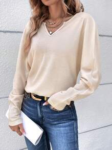 SHEIN Frenchy Notched Neck Batwing Sleeve Tee - Apricot - View 4