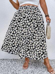 SHEIN CURVE+ Plus Allover Floral Print Flare Skirt - Black - View 4