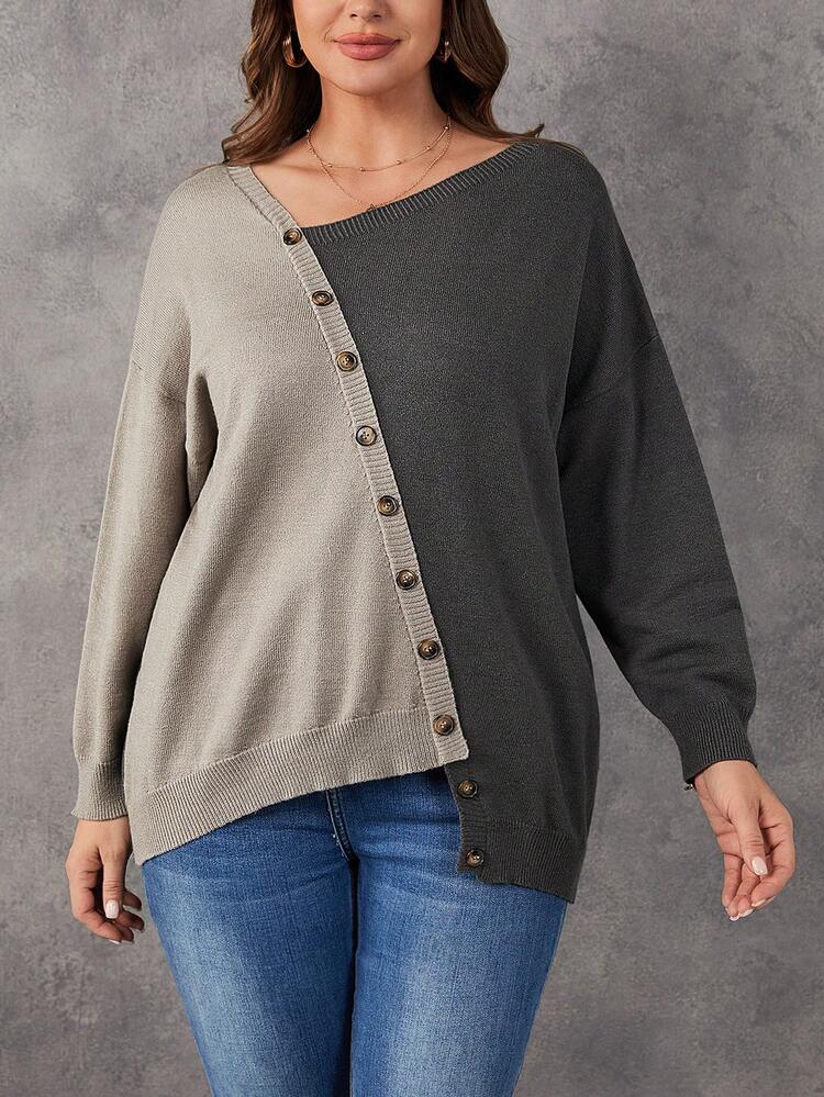 Plus Two Tone Button Detail Asymmetrical Neck Drop Shoulder Sweater