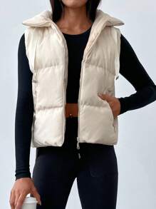 EURMUSE Zip Up Puffer Vest Coat - Beige - View 5