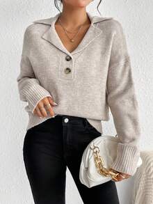 SHEIN Frenchy Lapel Neck Drop Shoulder Sweater Winter Casual - Camel - View 4