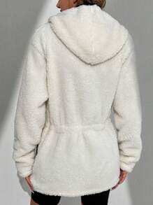 EURMUSE Contrast Binding Drawstring Waist Hooded Teddy Coat - White - View 2