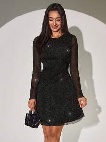 RueChic Patchwork Mesh Decor Waist Belt Long Sleeve Dress