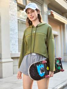 In My Nature Graphic Print Drawstring Hooded Outdoor Crop Sweatshirt - Army Green - View 6