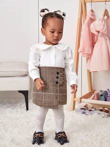 SHEIN 女嬰彼得潘領襯衫&格紋印花前紐扣半身裙 - 彩色 - 查看 4