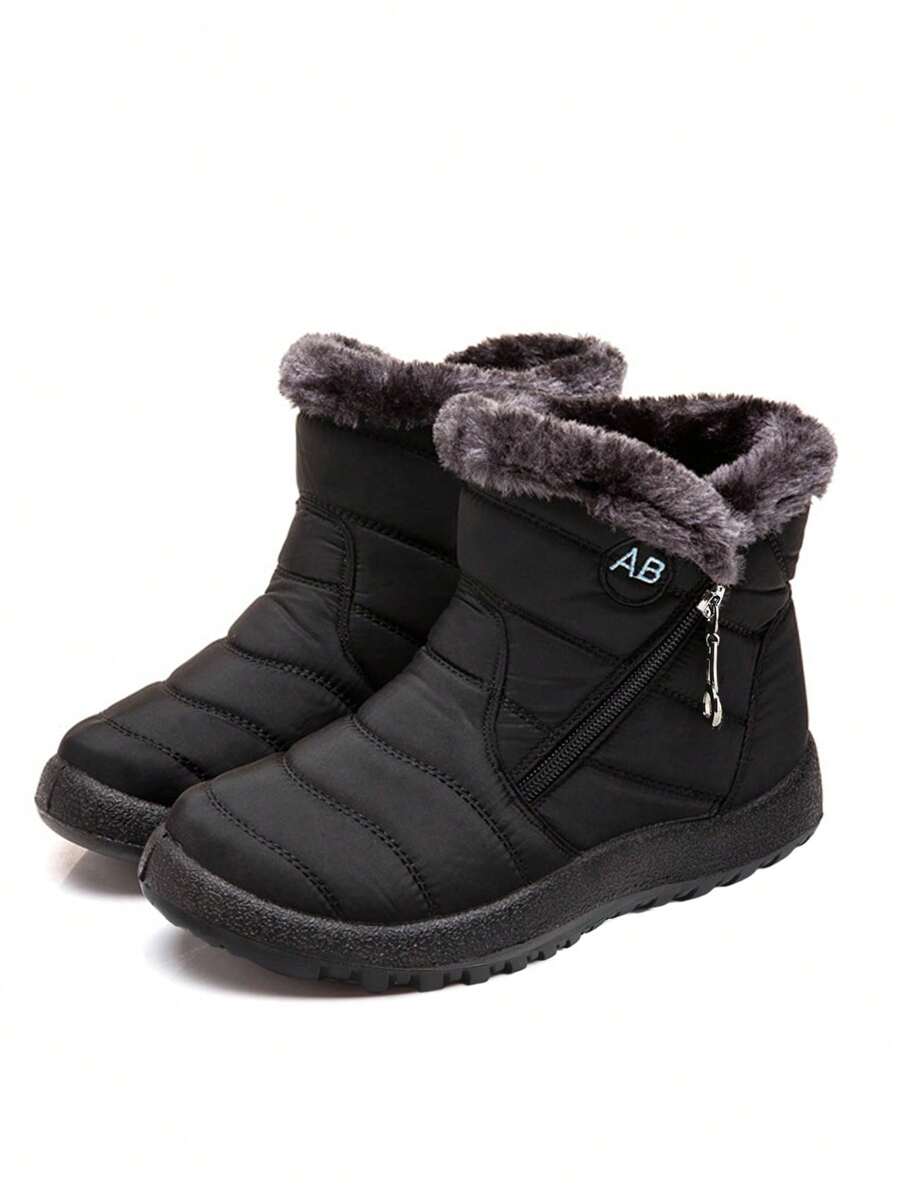 Letter Embroidered Side Zip Thermal Lined Snow Boots, Women's Black