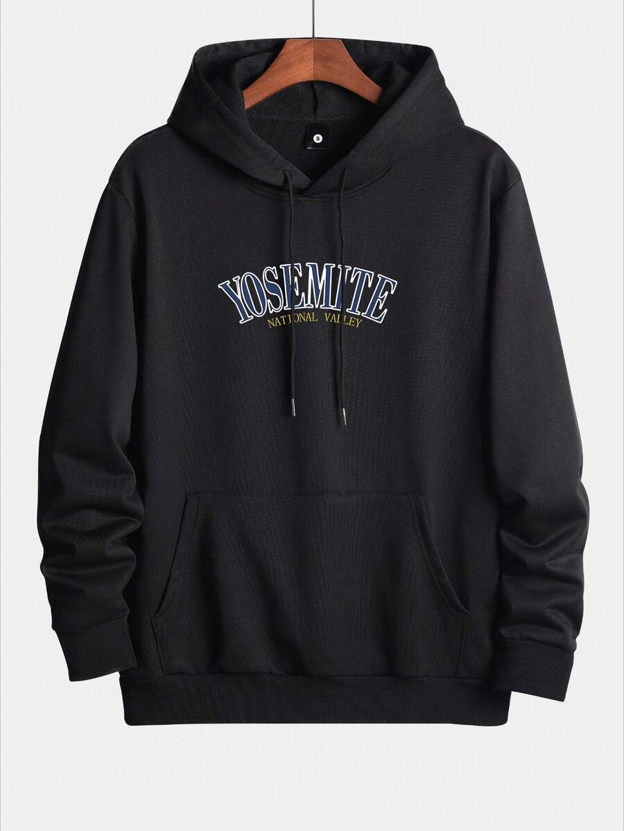 Men Letter Graphic Kangaroo Pocket Drawstring Hoodie - Black - View 1