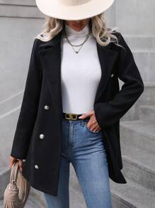 EMERY ROSE 素色雙排釦花呢外套 - 黑色 - 查看 5