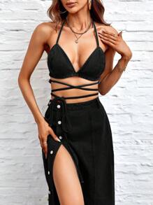 SHEIN BAE Crisscross Tie Backless Denim Top