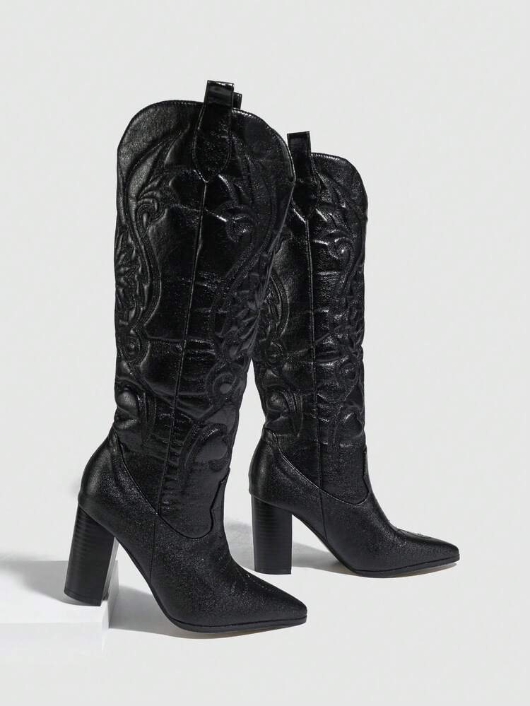 Botas Occidentales Modernas Para Mujeres Con Diseño De Bordado Y Punta Puntiaguda, Cálidas Para El Invierno - Negro - Añade 4