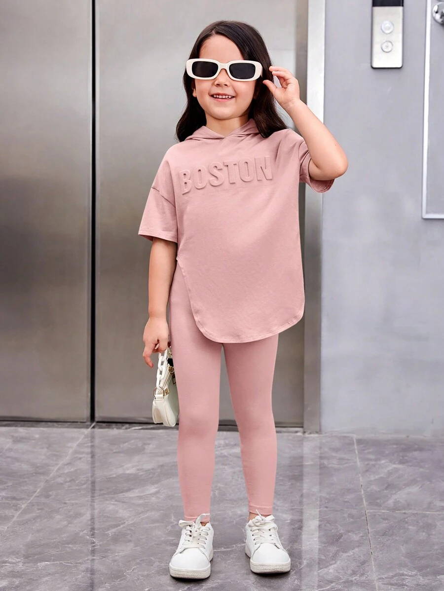 SHEIN Young Girl Letter Pattern Drop Shoulder Hooded Tee & Leggings